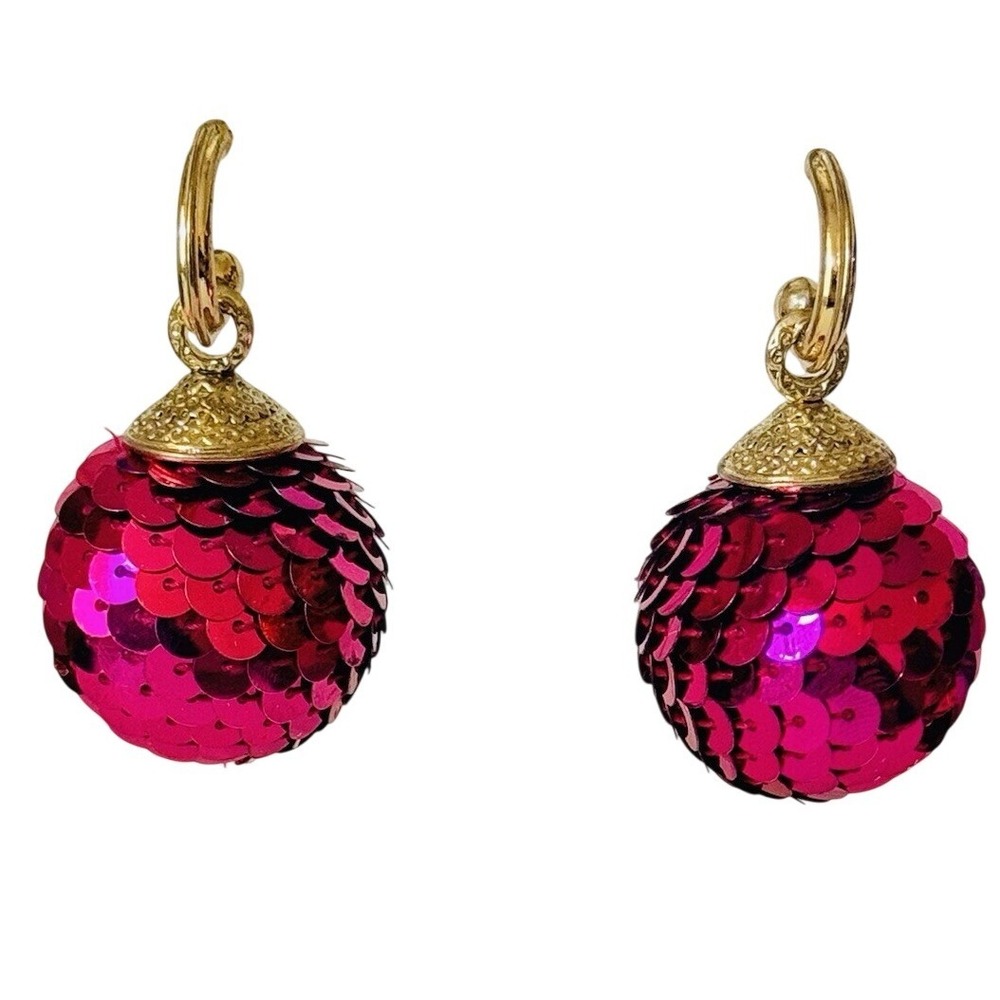 Earrings VTG Statement retro Dangle Pink Magenta Sequin Chunky Flashy Ball 70s